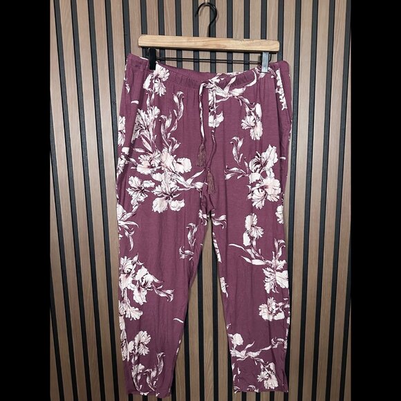 New Soma Pants Large Womens Inky Pink Floral Tassle Ankle Pull On Stretchy Comfy - Picture 1 of 9